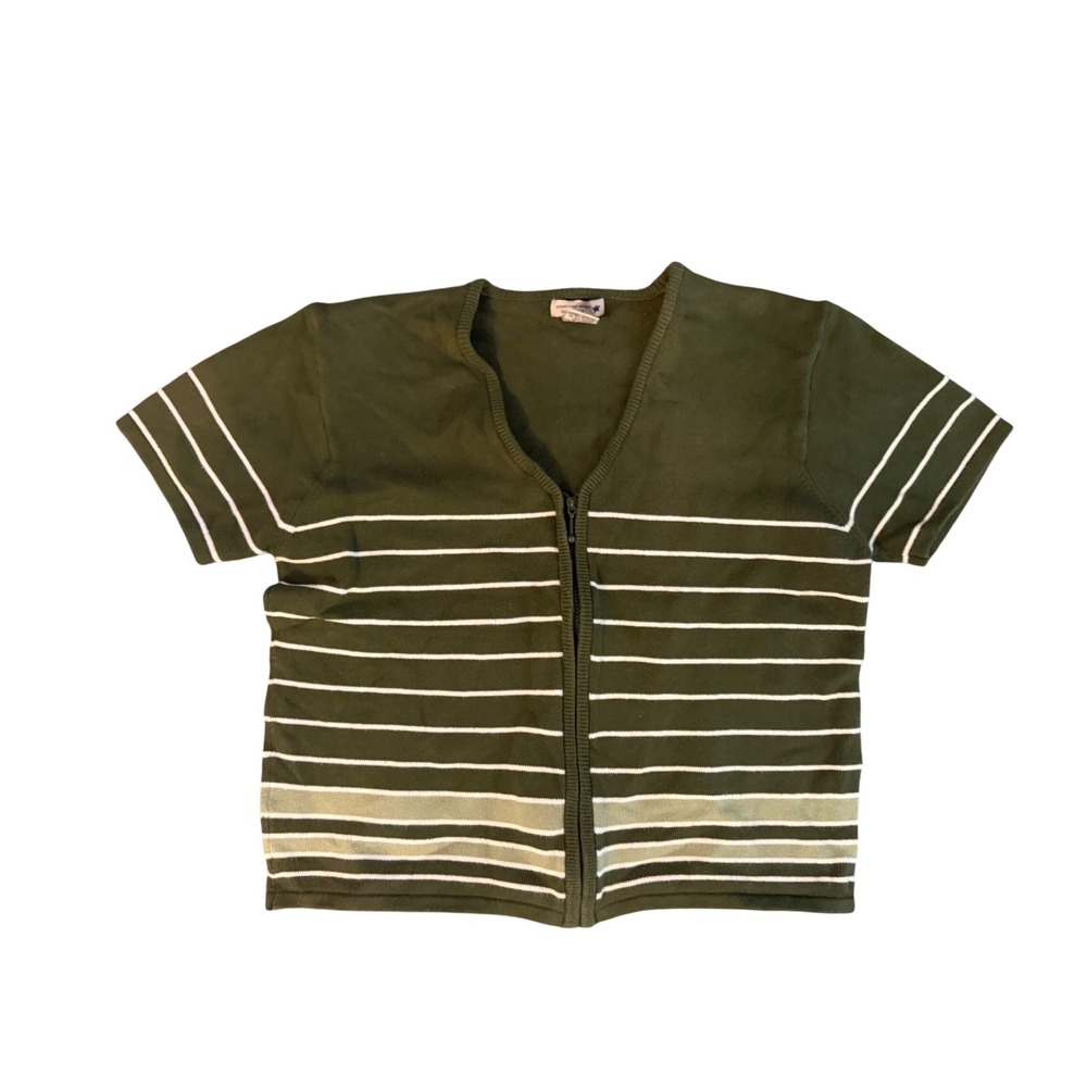 Vintage American Eagle Olive Green Striped Zip Up Short Sleeve Cardigan Medium